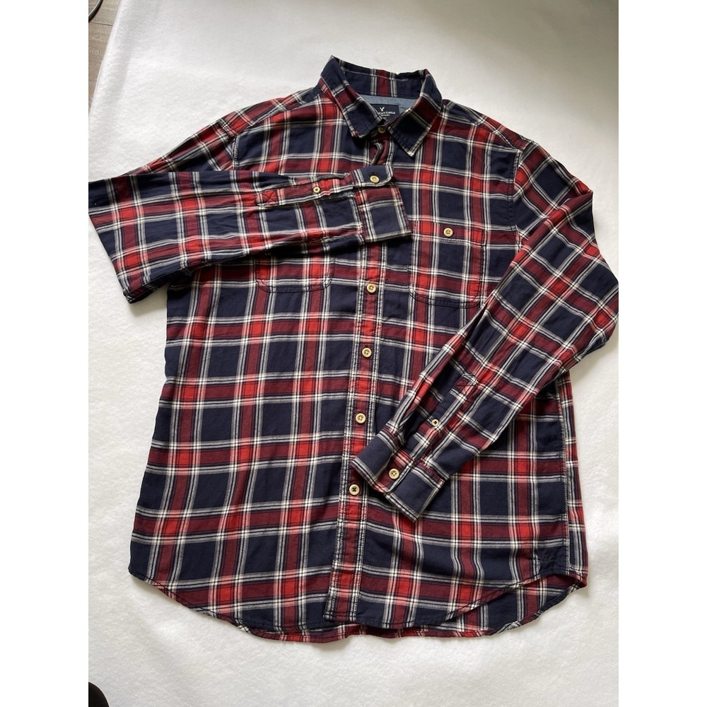 American Eagle Outfitters Mens Large Plaid Button Down Shirt Classic Fit Navy